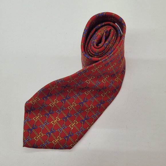 Via Condotti Roma Tie Mens OS Necktie Red Equestrian Chain Print Silk Handmade - Picture 1 of 9